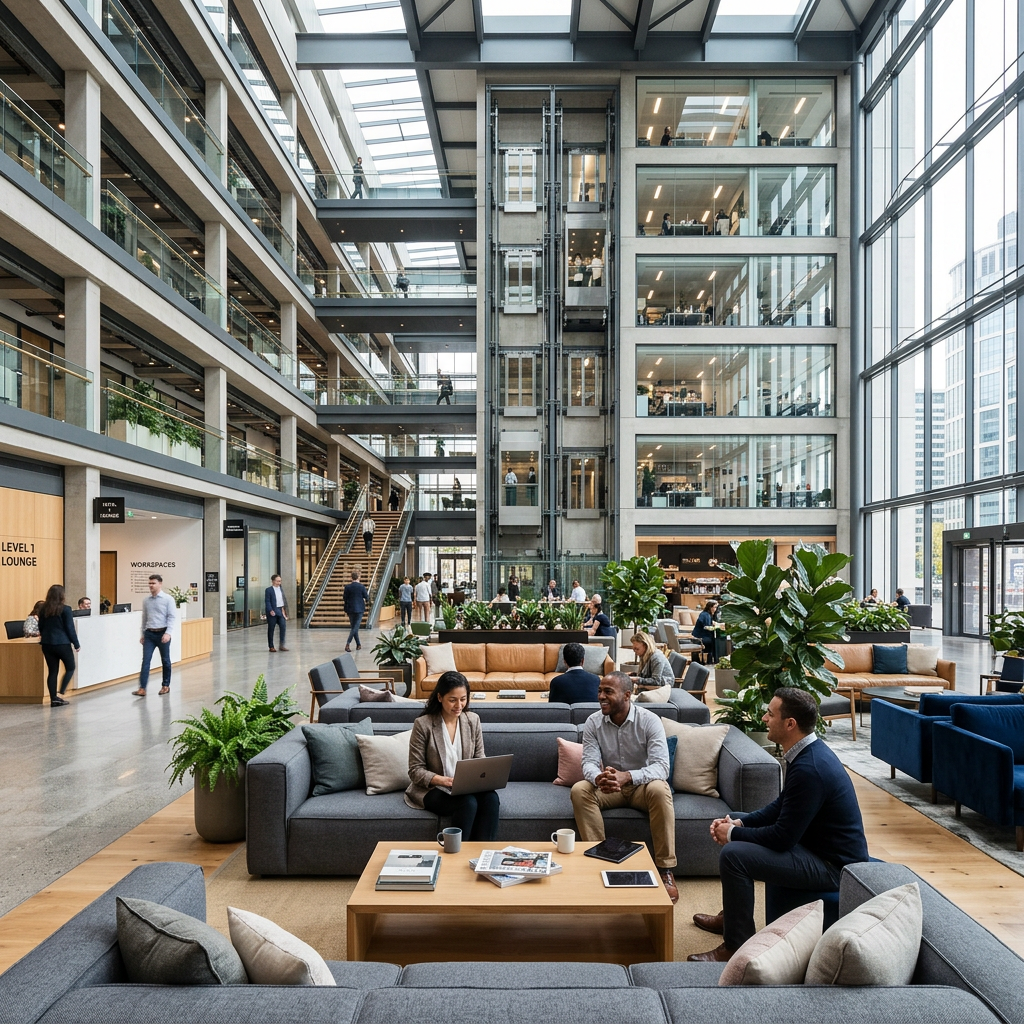 Open office lobby with seating area, people talking and walking, and glass elevators